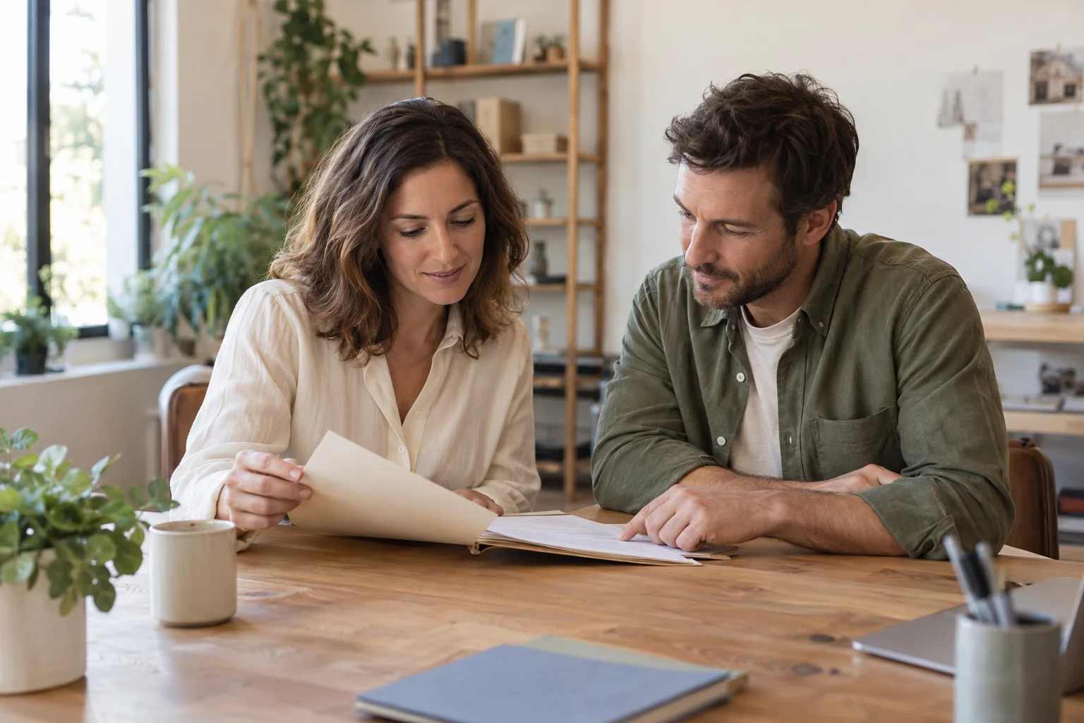 Two professionals reviewing paperwork together at an office desk